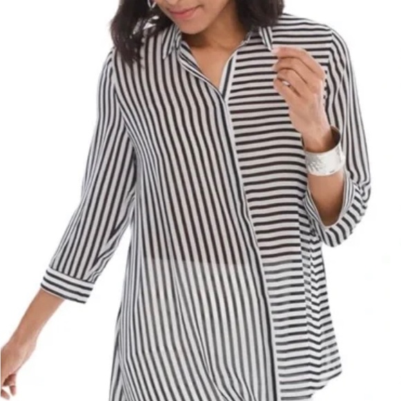 Chico's Tops - NWT Chico’s Sheer Black & White Asymmetrical Striped Hem Shirt Sz O or 4